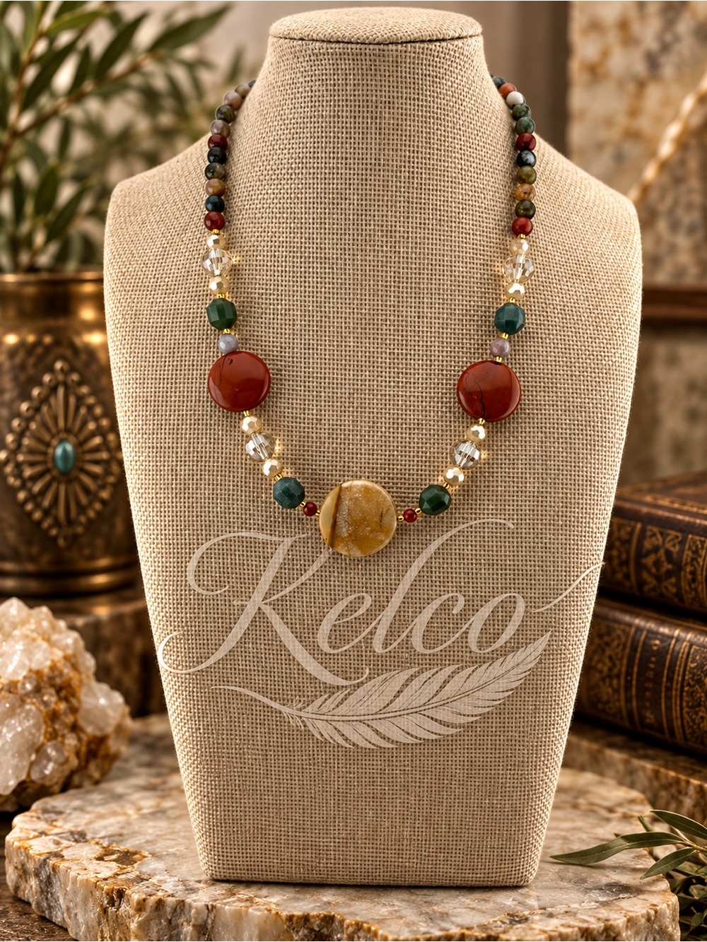 Indian Agate, Res Jasper & Crystal Necklace 16”